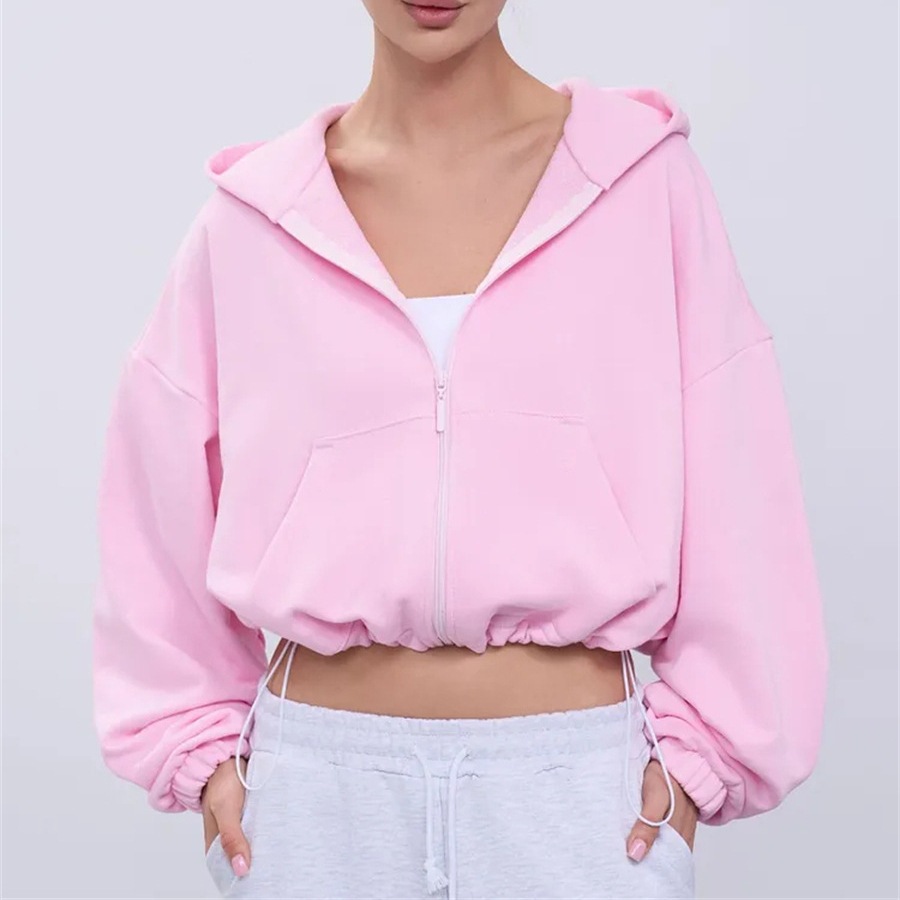 Women's Solid Color Hooded Zip-Up Waist-Cinching Short Jacket