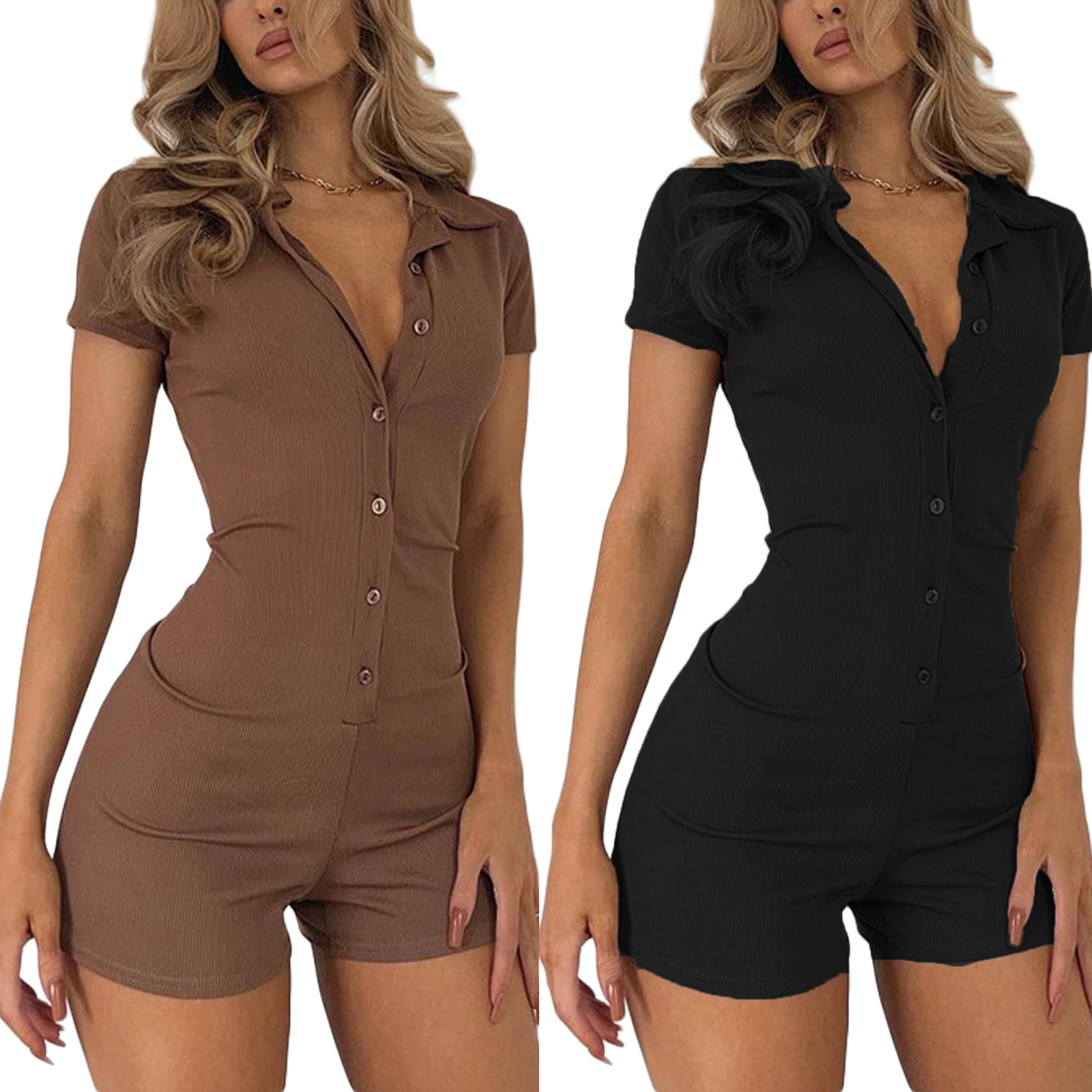 Women's Ribbed Knit Short Sleeve Romper with Collar