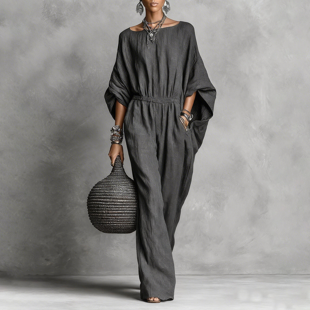 Women's Summer High Waist Batwing Sleeve Wide Leg Jumpsuit