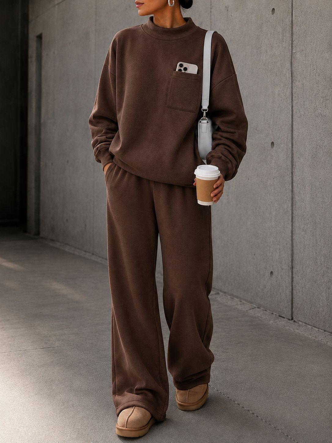 Women's Loose Stand Collar Sweatshirt & Wide-Leg Pants Set Solid Color Casual Sportswear