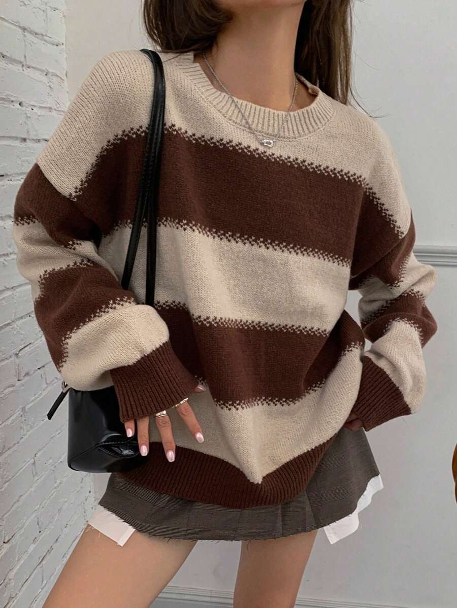 Striped Color-Block Long-Sleeve Knit Sweater Women's Crewneck Pullover
