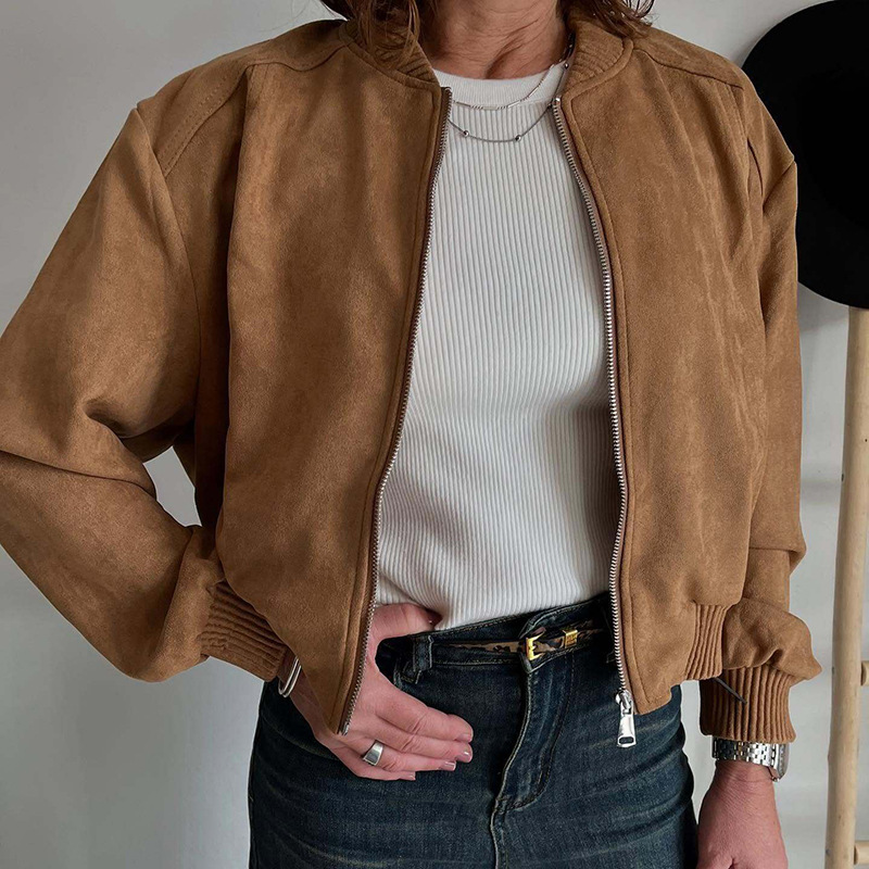 Women's Faux Suede Zip-Up Jacket Solid Color Casual Coat