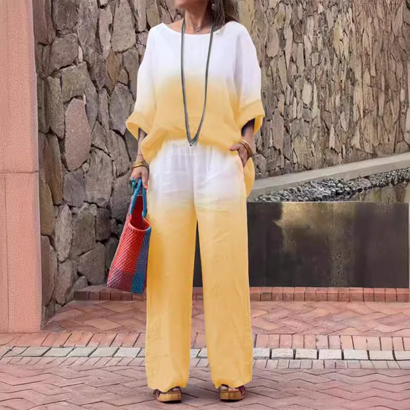 Women's Cotton-Linen Gradient Two-Piece Set with Nine-Tenths Sleeves