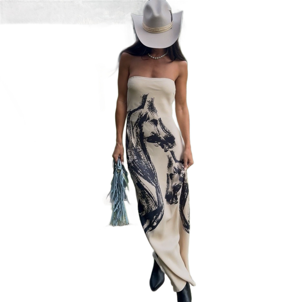 Abstract Print Strapless Sleeveless Zip-Front Long Bodycon Dress
