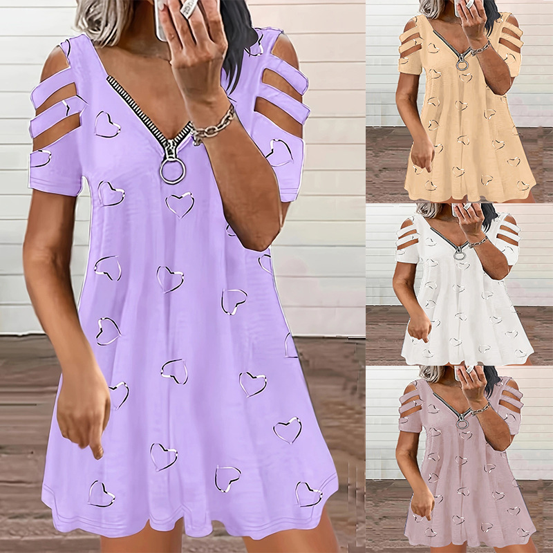 V-Neck Zip Short-Sleeve Printed Off-Shoulder Loose Casual Dress