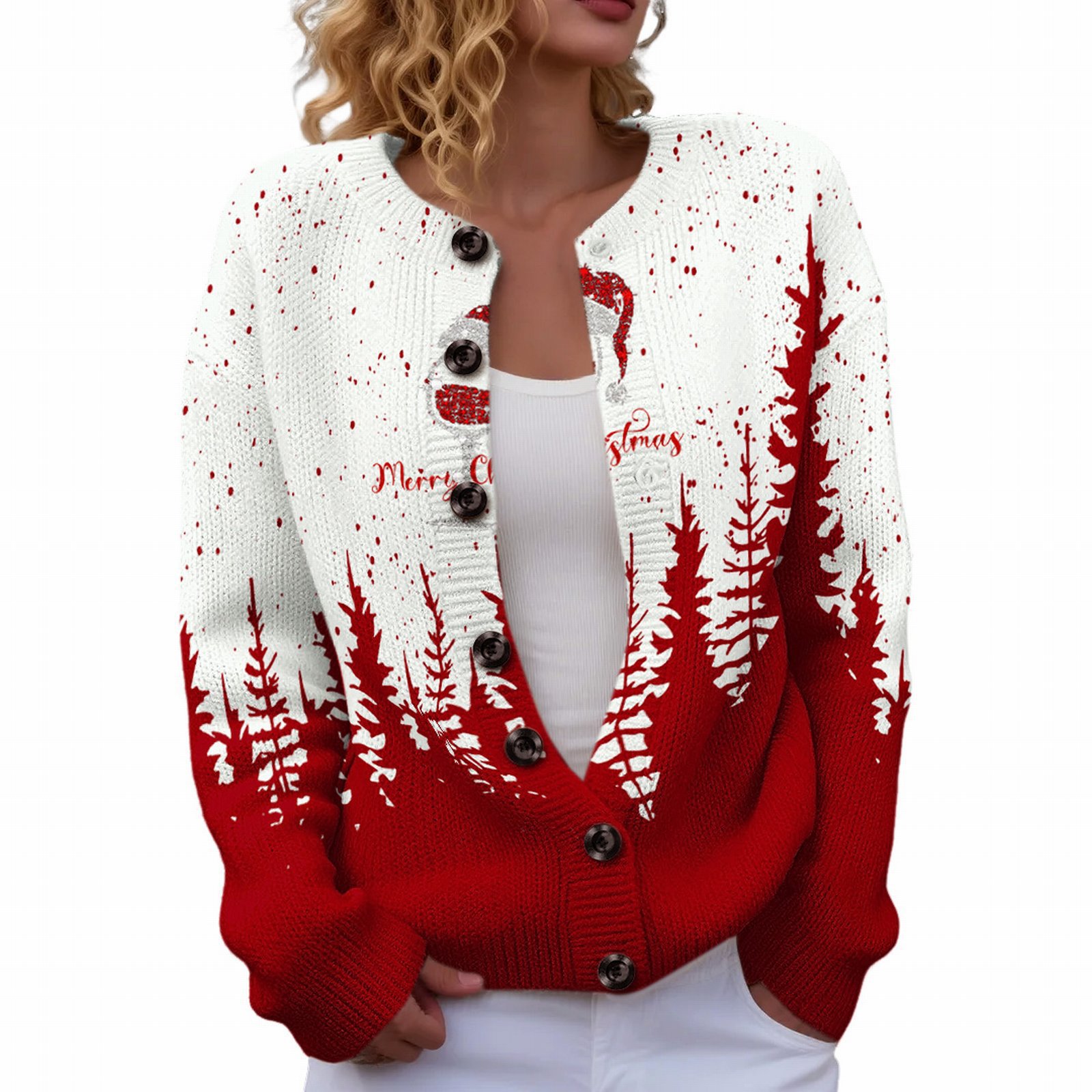 Women's Christmas Reindeer Forest Print Button Cardigan Sweater