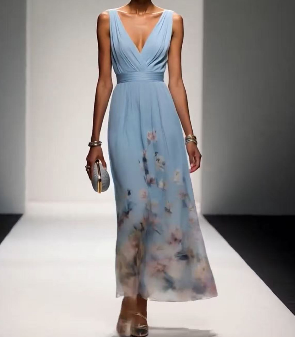 Elegant V-Neck Sleeveless Maxi Dress with Printed Hem