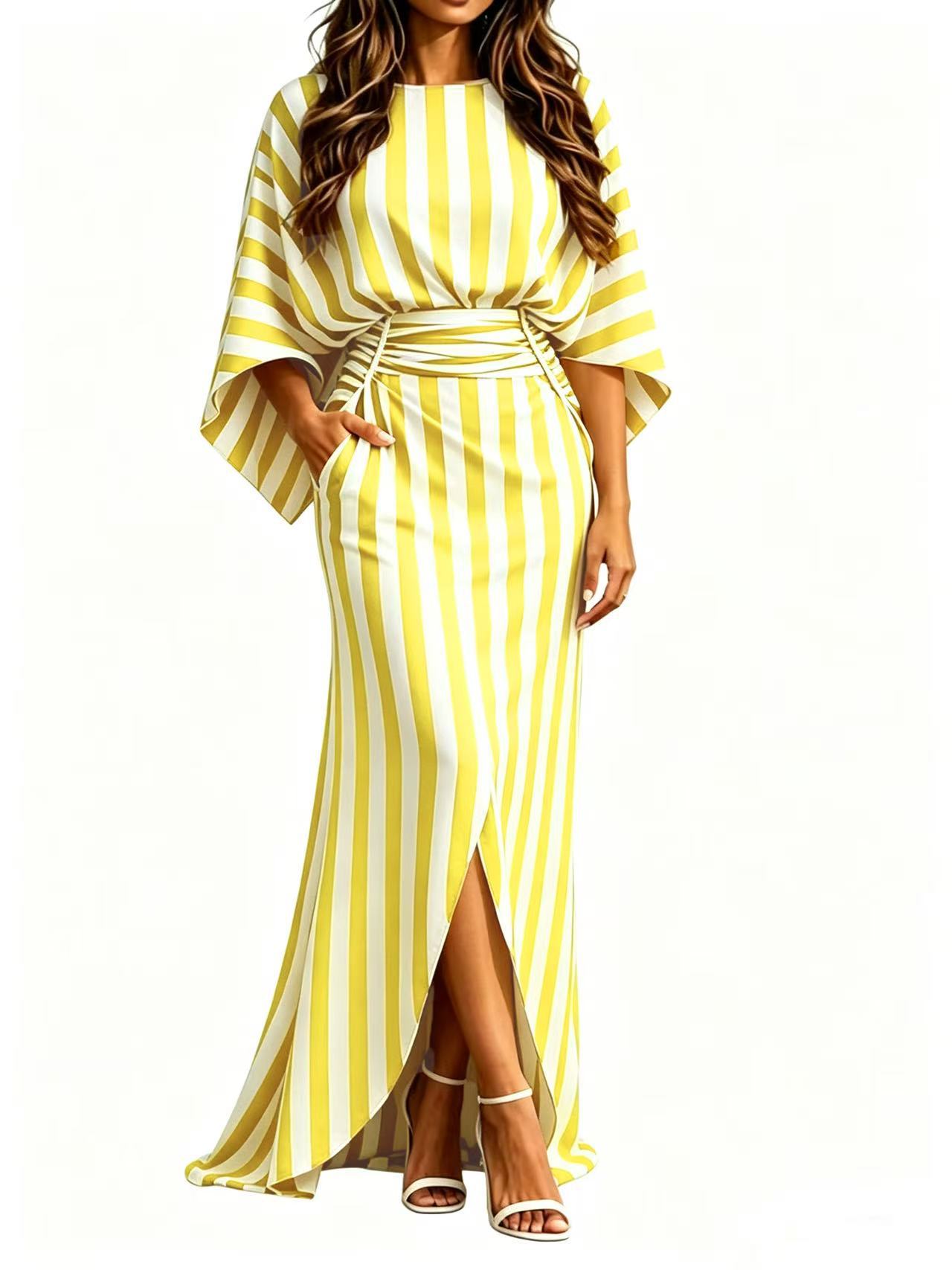 Striped Elegant Waist-Cinching Pleated Long Dress with Pockets