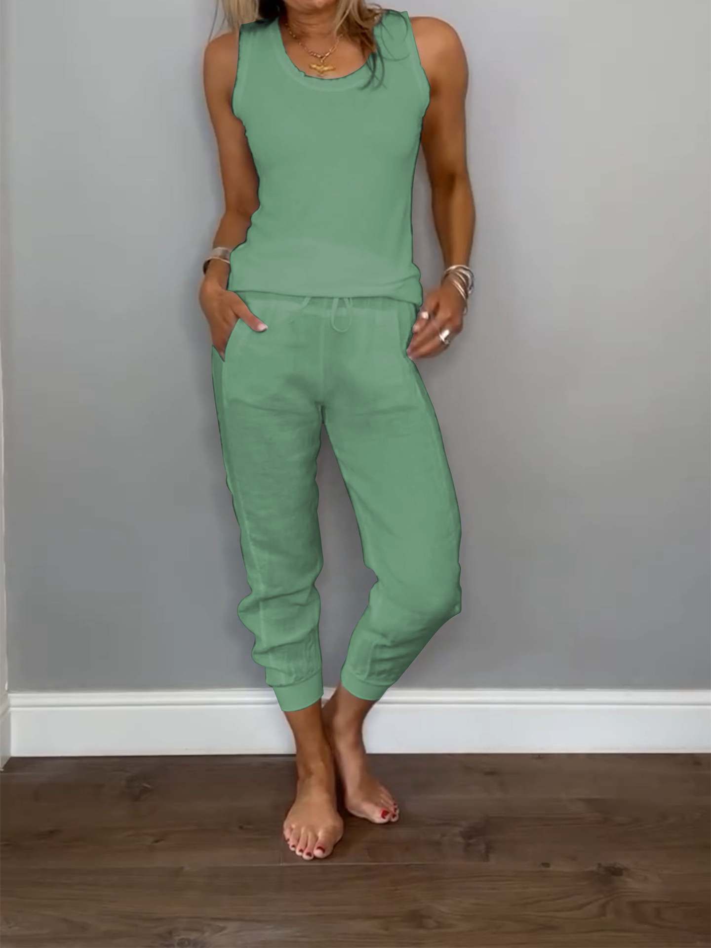 Cotton-Linen Tank Top and Drawstring Pants Set