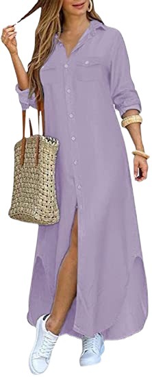Women's Casual Button-Front Maxi Shirt Dress with Pockets