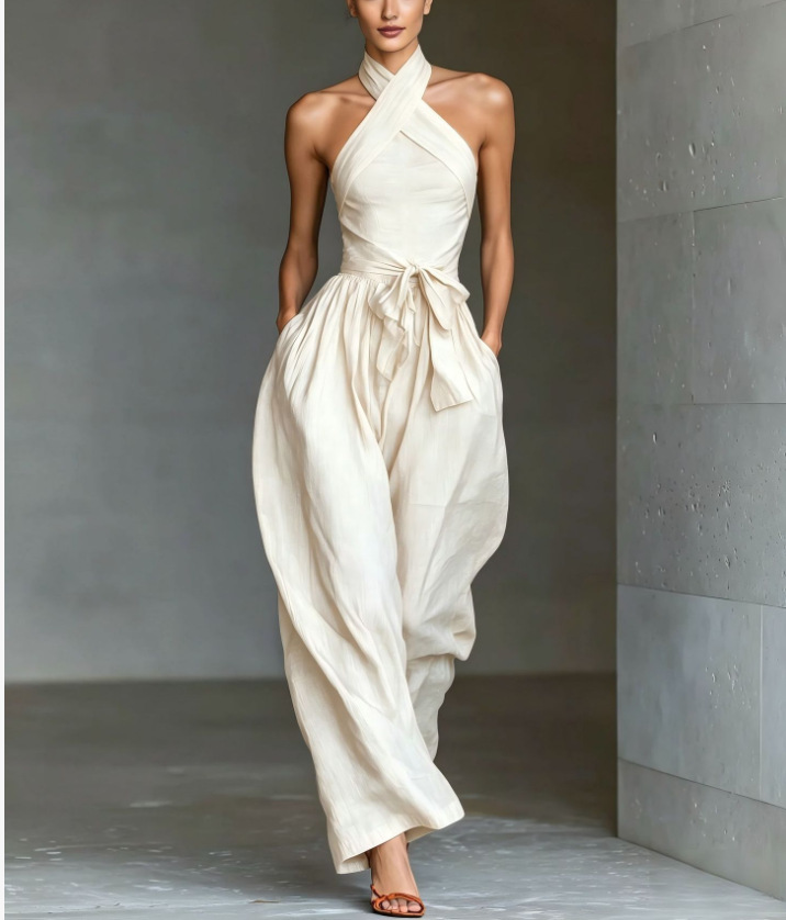 Women's Linen Sleeveless Halter Cross-Tie Wide-Leg Jumpsuit