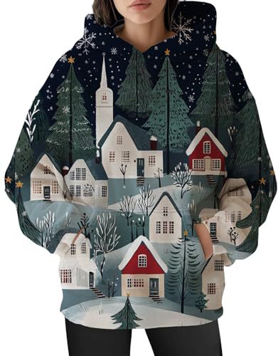Women's Christmas Print Hoodie with Lantern Leaf Motif