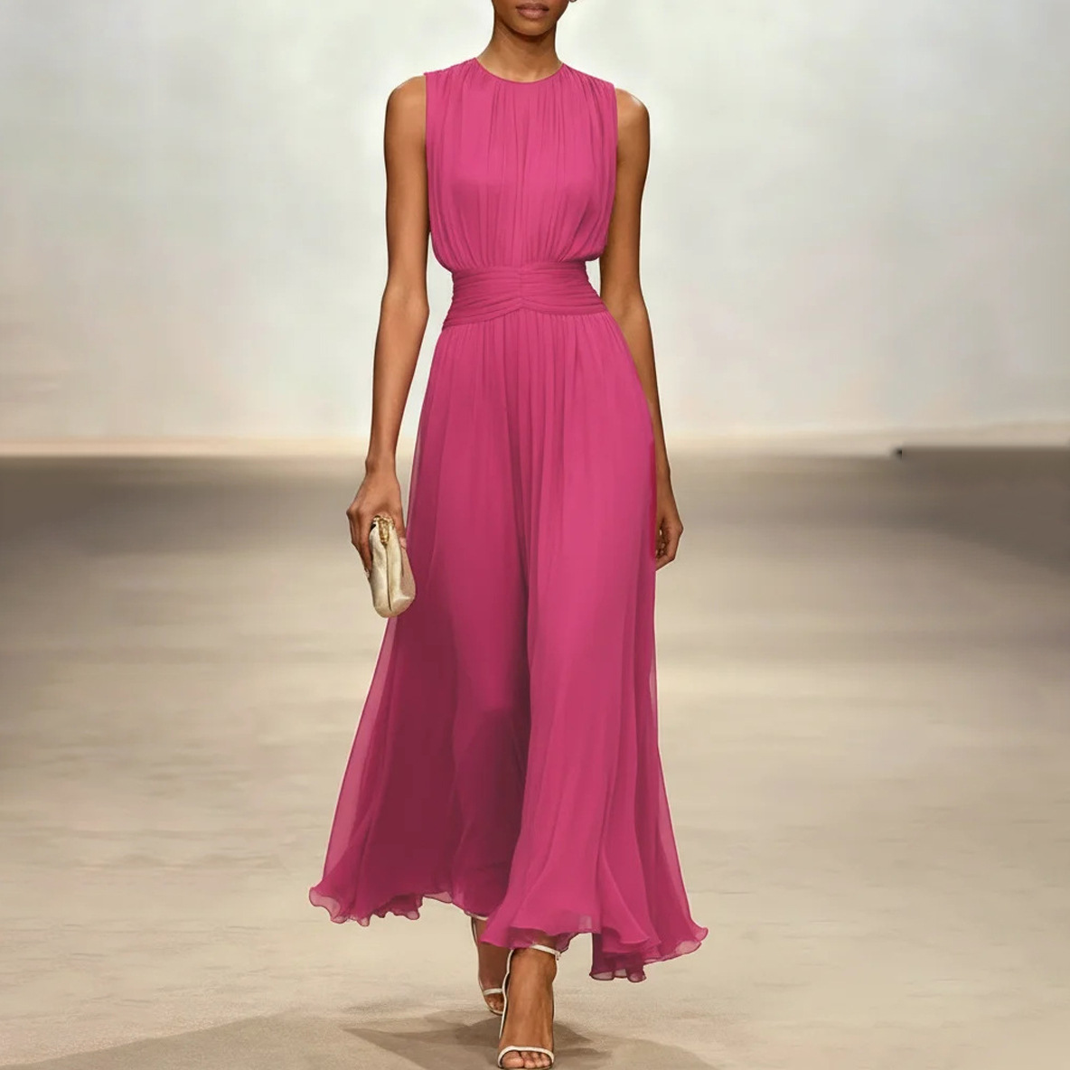 Sleeveless Solid Color Waist-Cinched A-Line Midi Dress with Round Neck