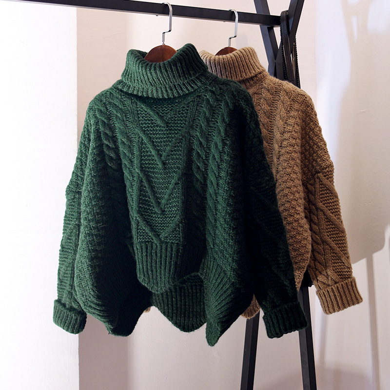 Women's Retro Cable Knit Turtleneck Sweater Loose High Waist Chunky Pullover