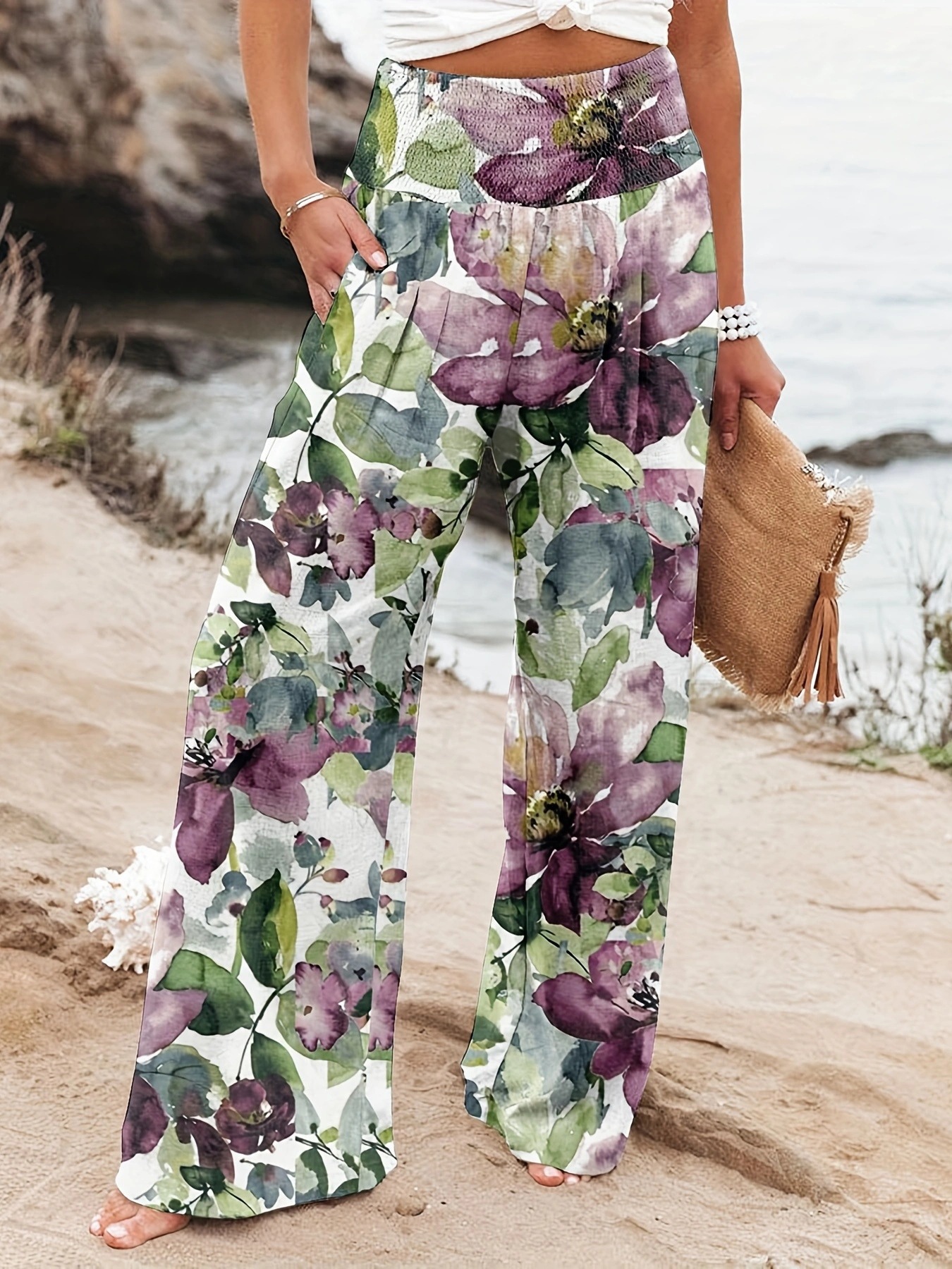 Women's Wide-Leg Printed Casual Pants High Waist Loose Fit