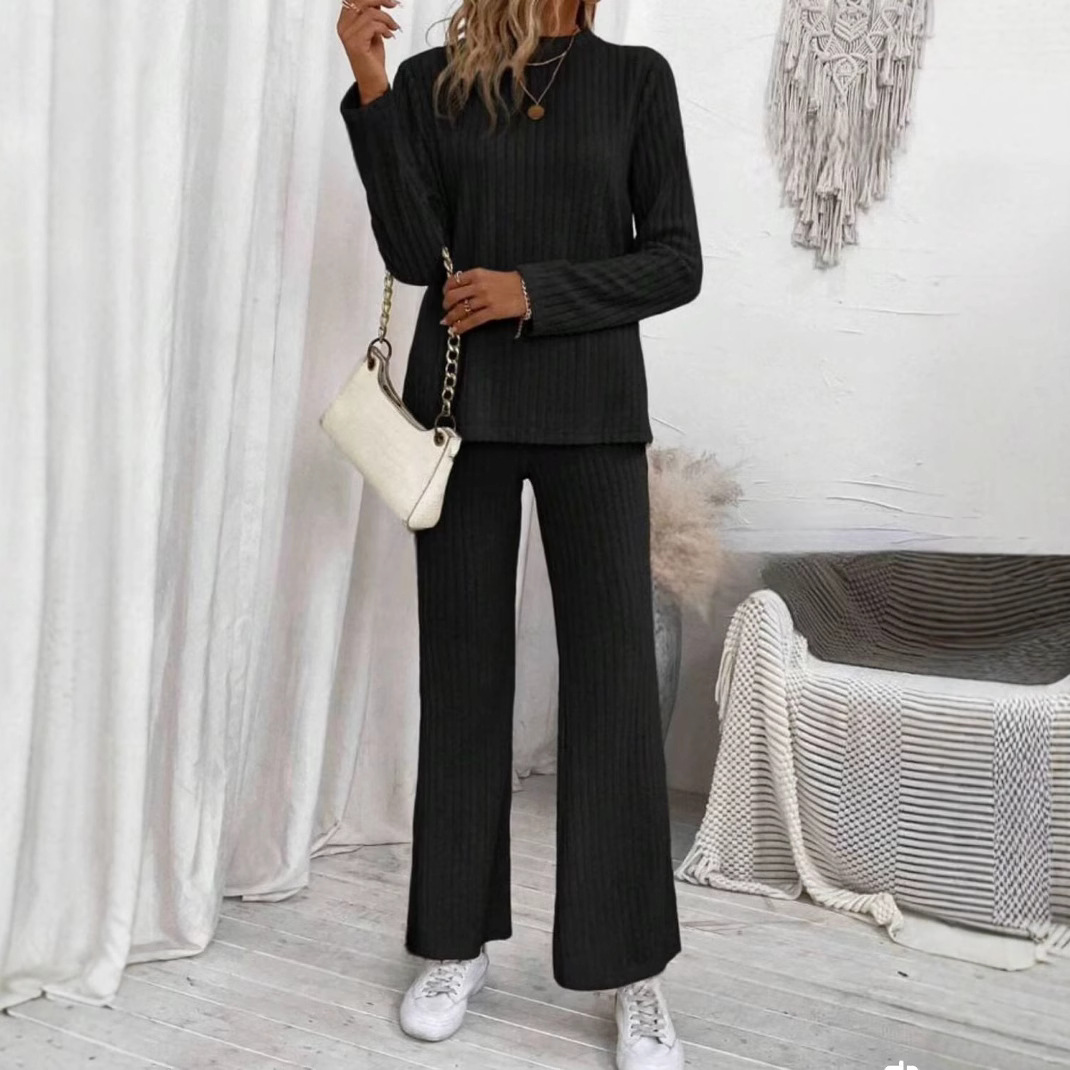 Women's Solid Color Crew Neck Long Sleeve Top and Pants Set