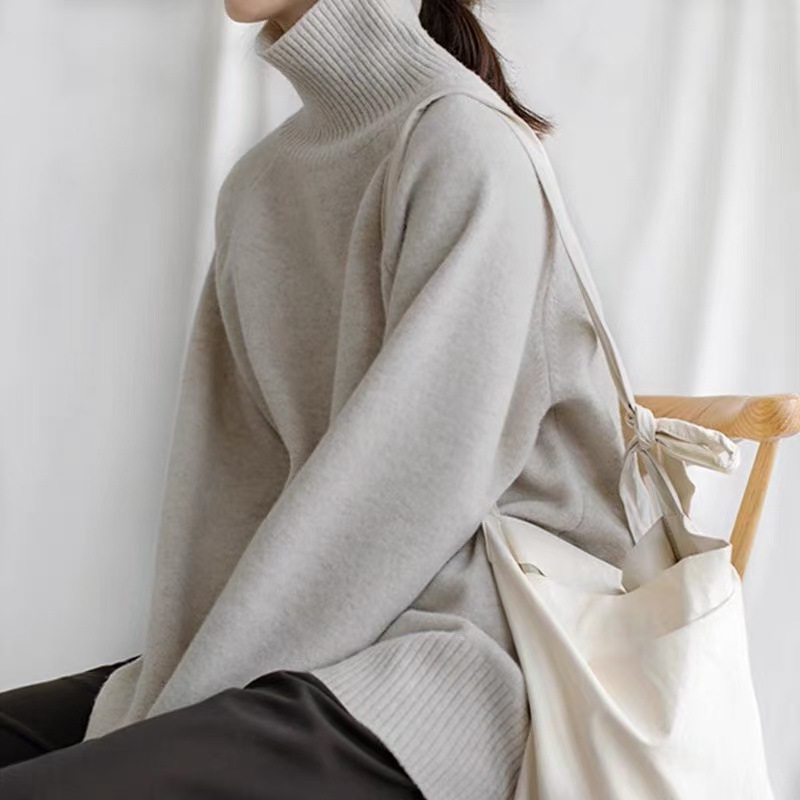 Solid Turtleneck Sweater Loose Knit Pullover