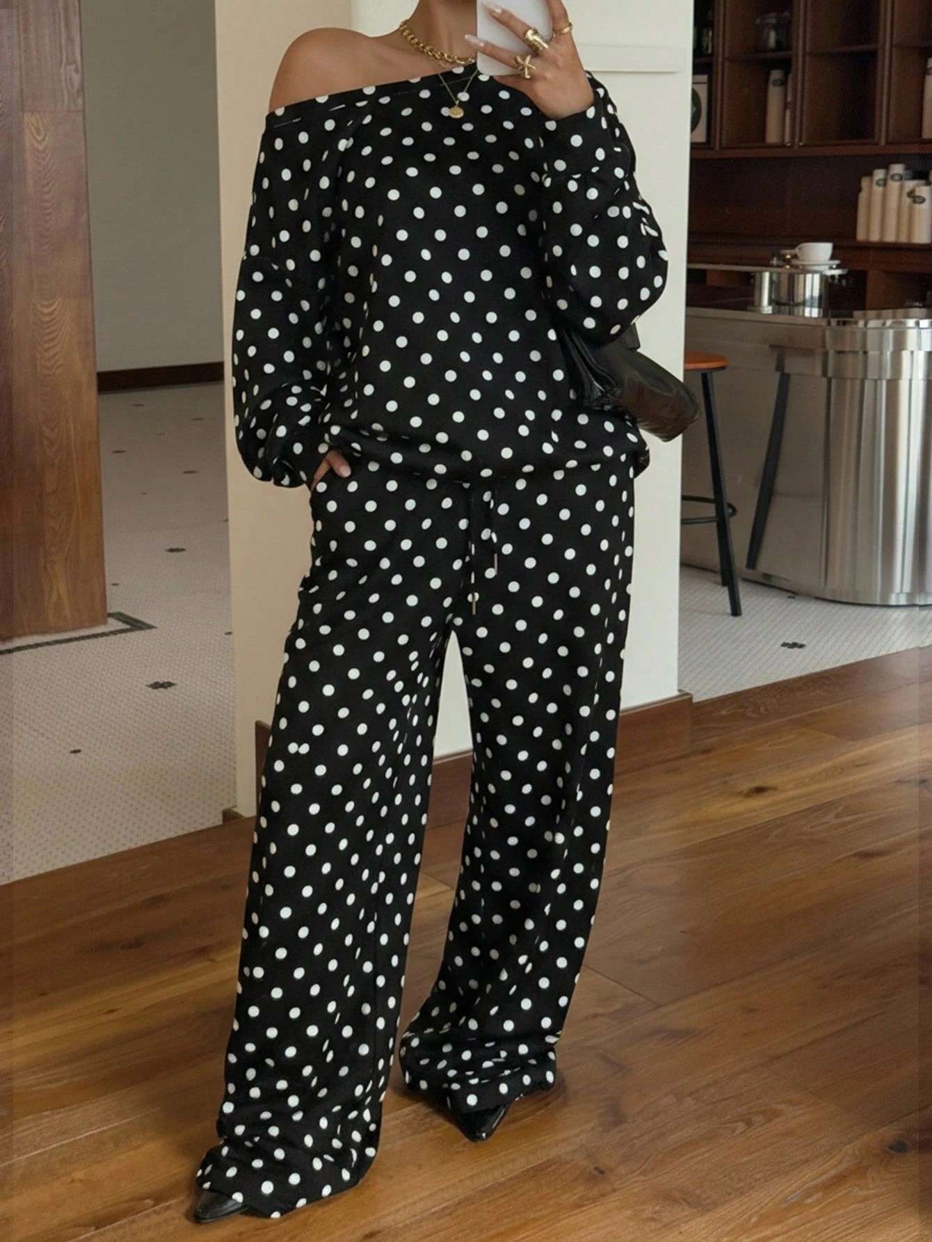 Women's Polka Dot Print One-Shoulder Long Sleeve Drawstring Pants Casual Set