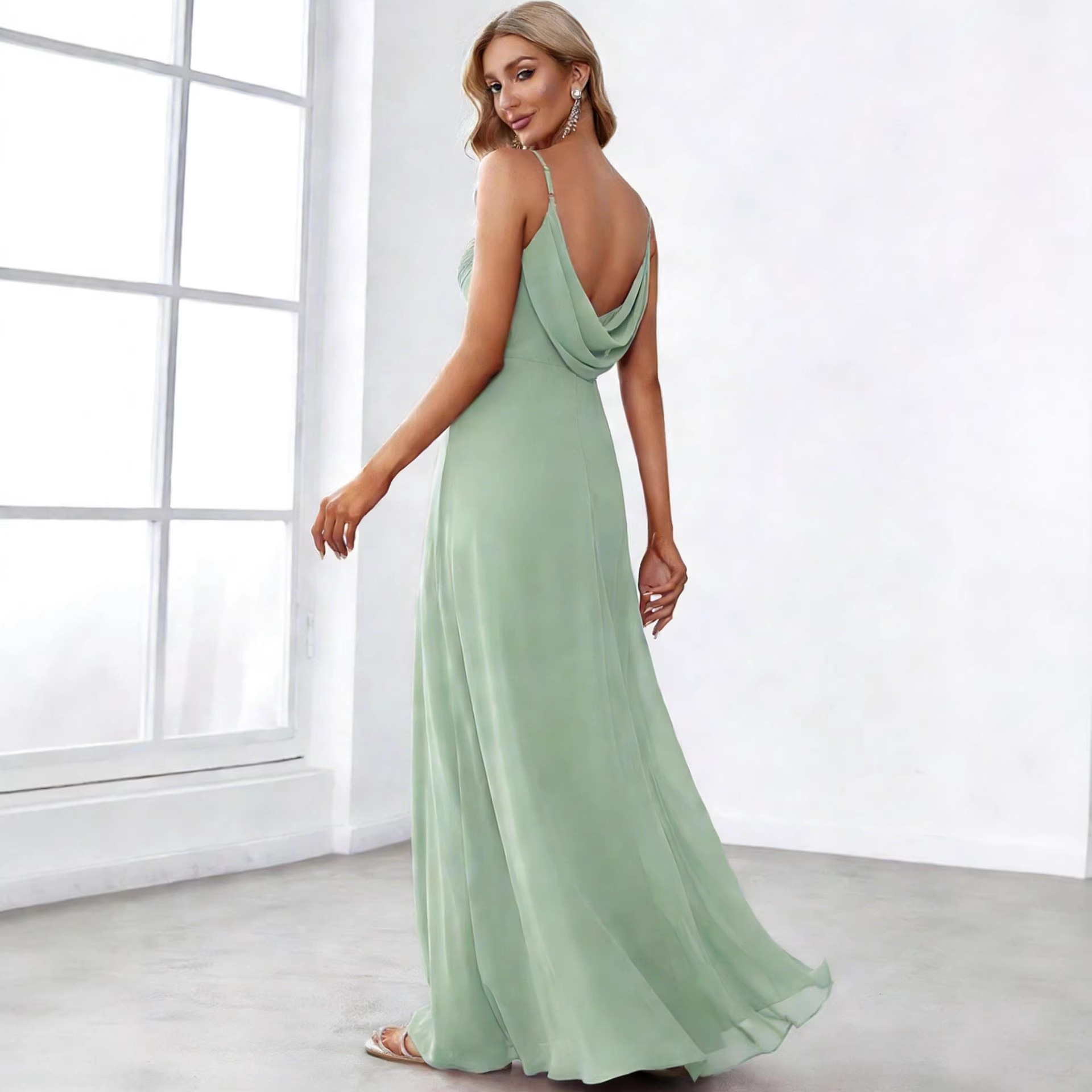 Solid Deep V-Neck Sleeveless Pleated Chiffon Maxi Dress