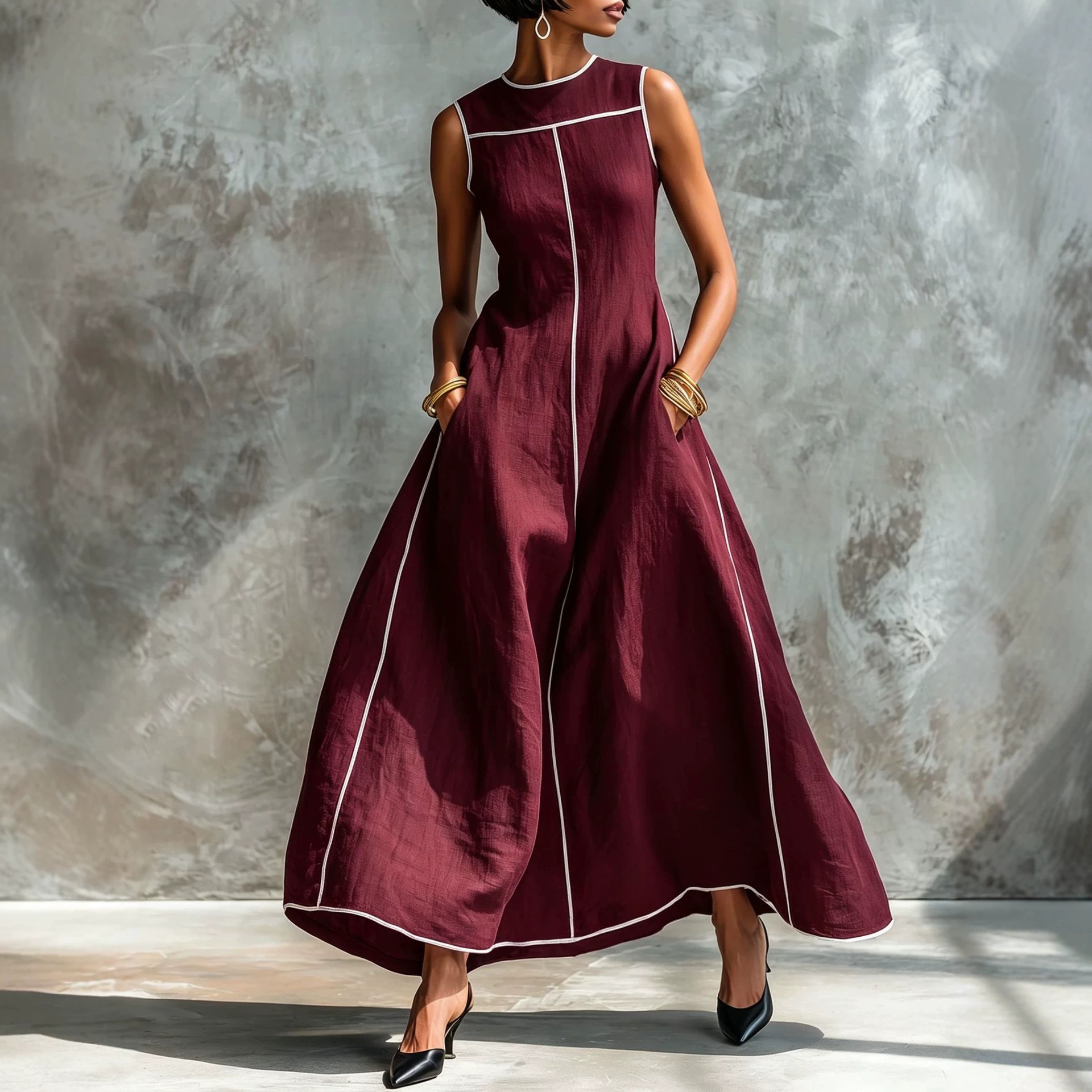 Women's Linen-Blend Sleeveless A-Line Dress with Contrast Trim