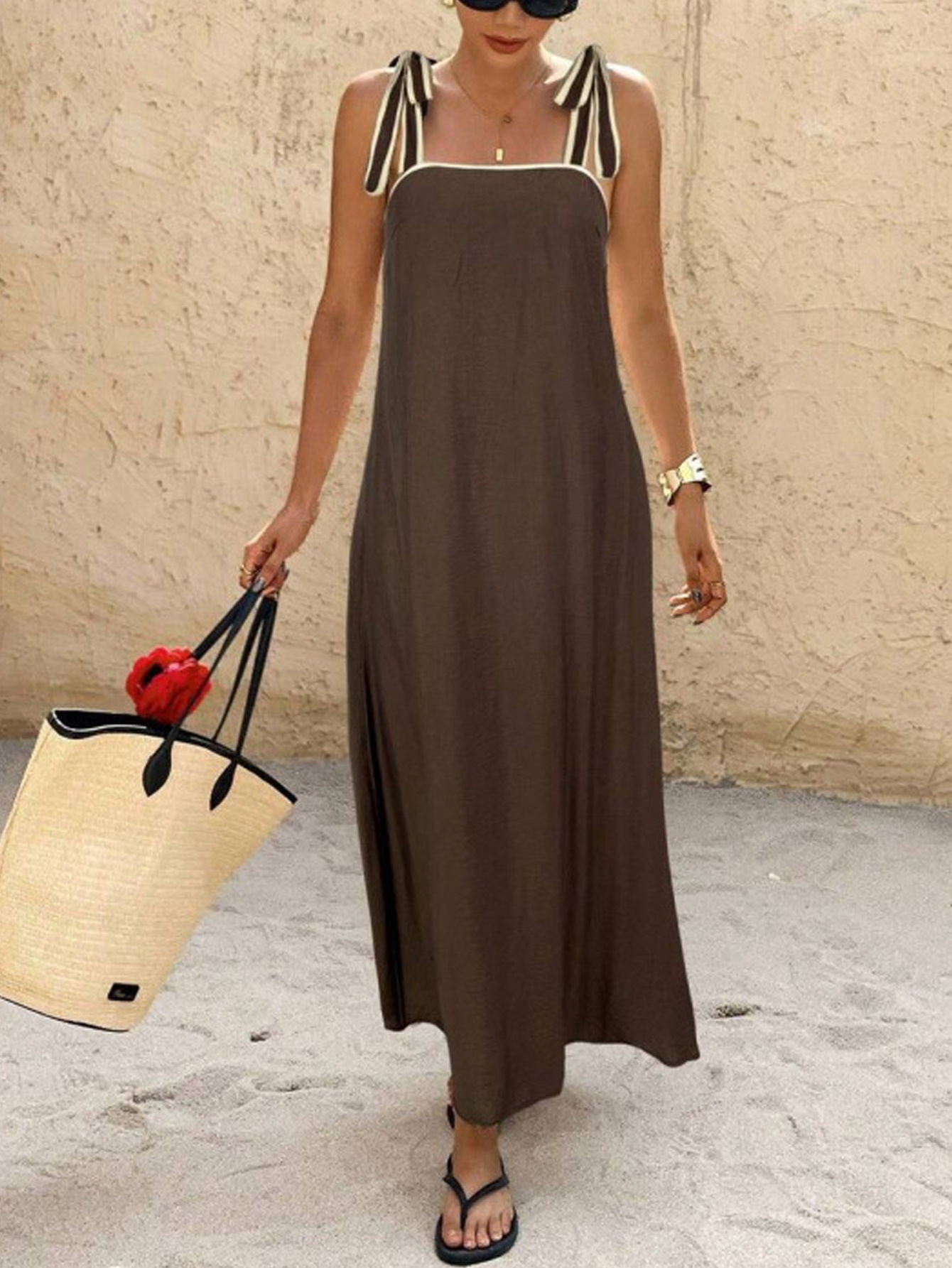 Women's Off-Shoulder Tie-Front A-Line Midi Dress