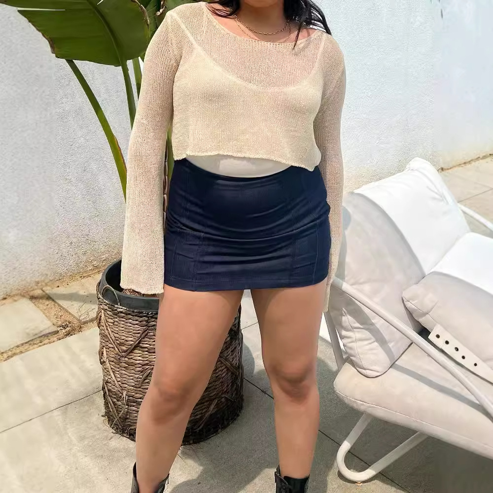Women's Sheer Knit Top Crew Neck Long Sleeve Cropped Loose Casual