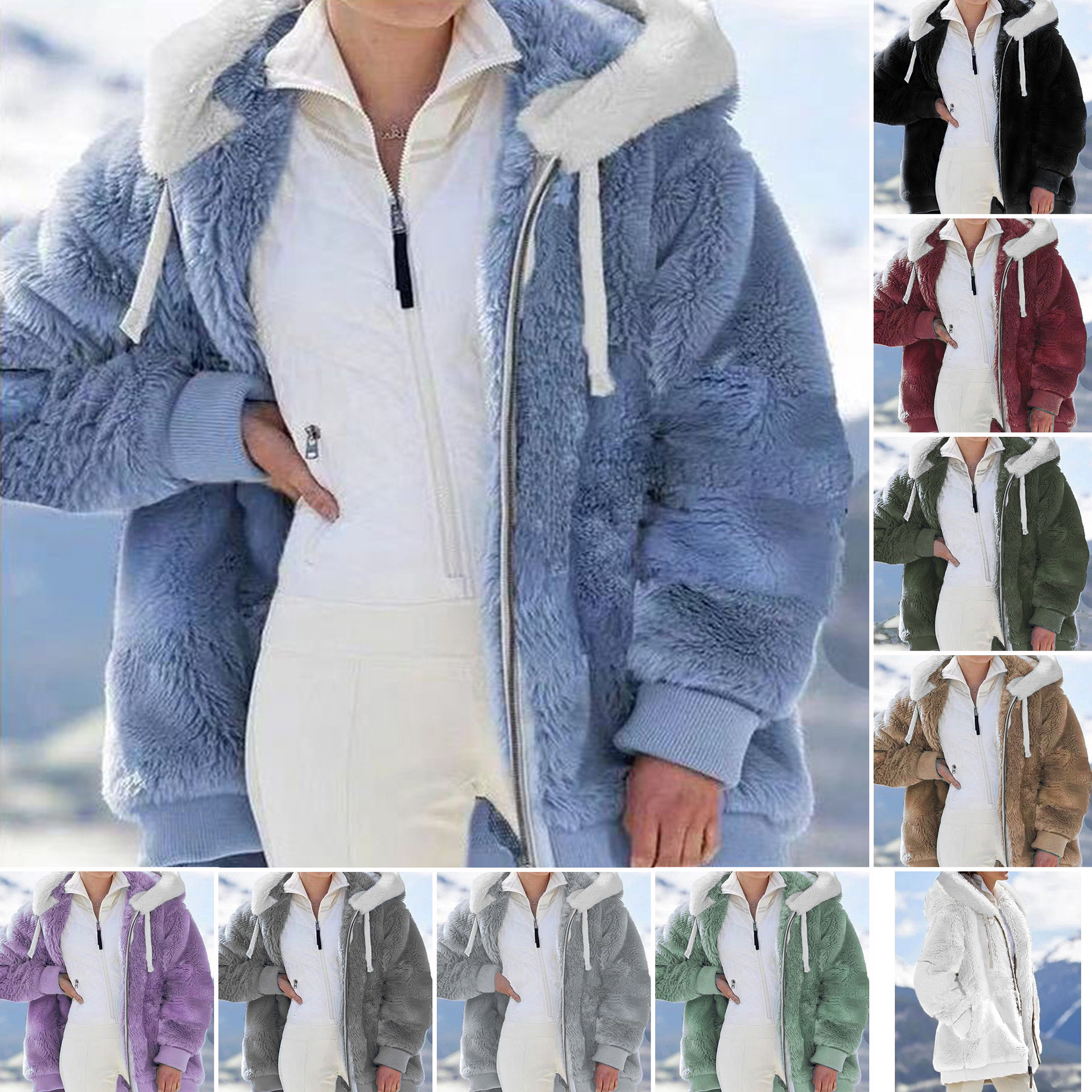 Women's Oversized Fuzzy Fleece Zip-Up Hooded Jacket