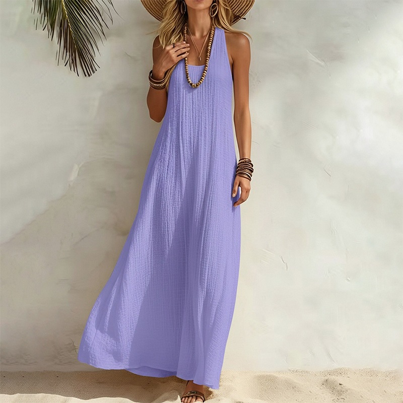 Women's Sleeveless A-Line Beach Dress Solid Color High Waist