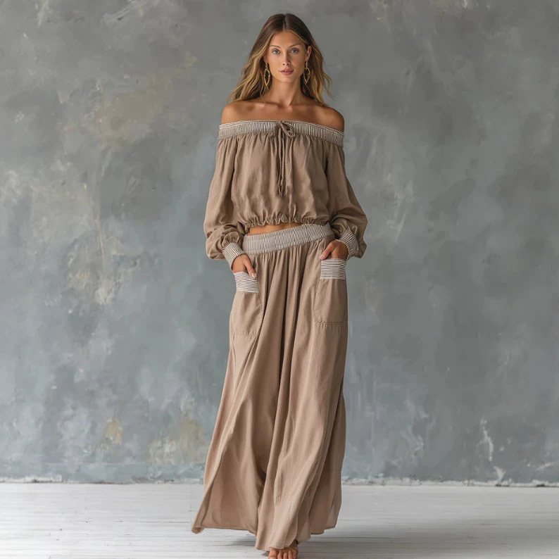 Elegant Striped-Trim Off-Shoulder Khaki Top and Skirt Set