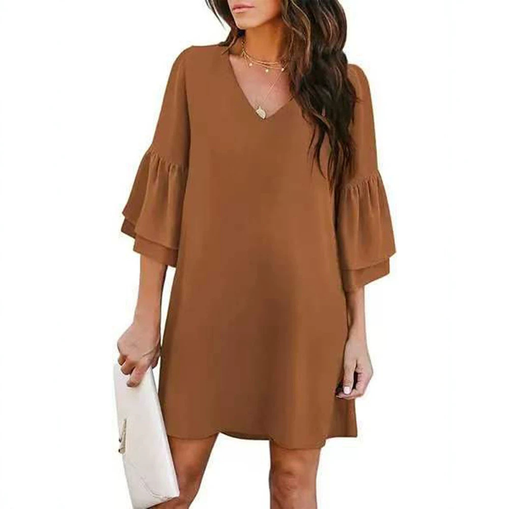Women's Solid V-Neck Flare Sleeve Loose Dress