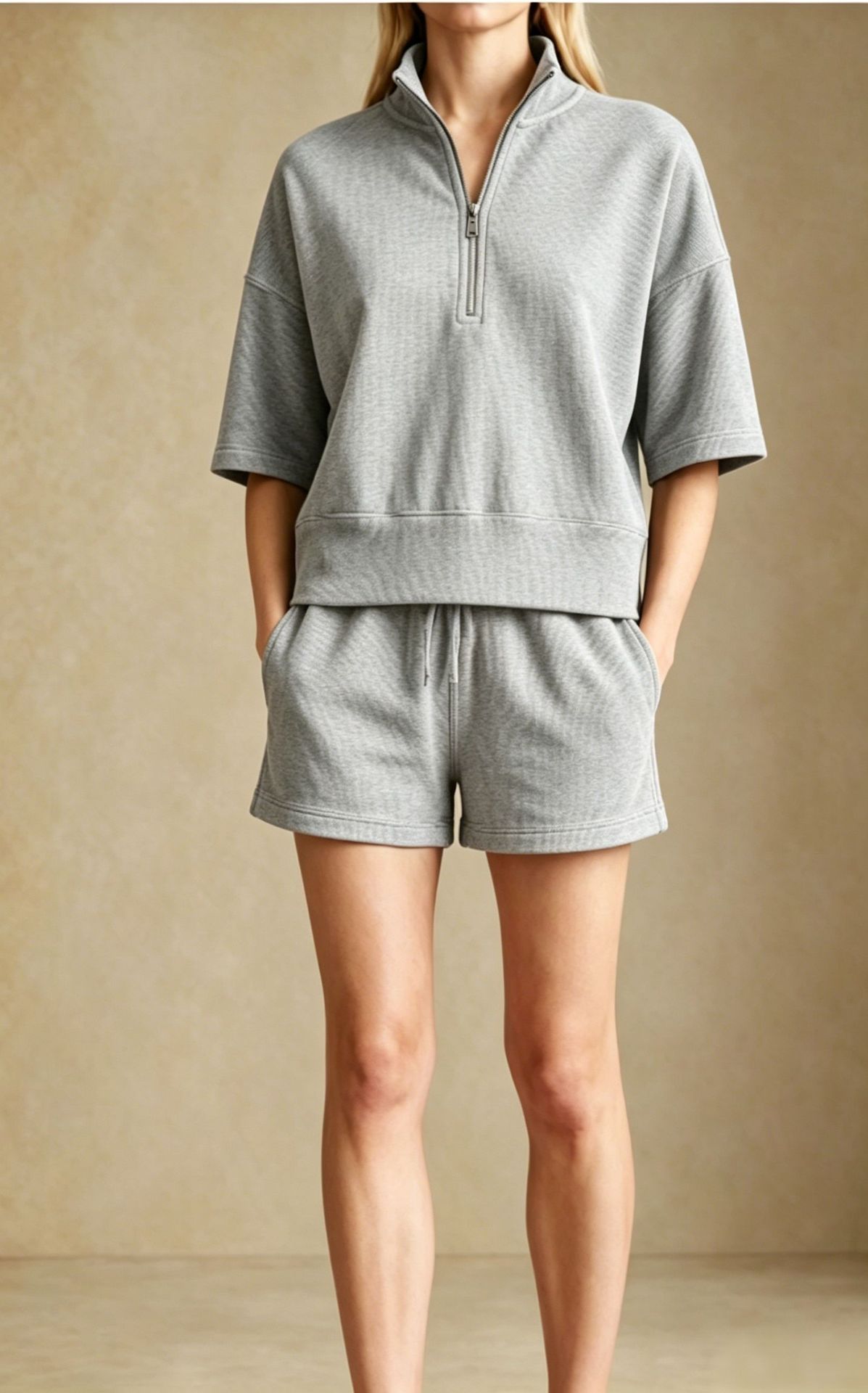 Women's Half-Zip Ribbed Short Sleeve and Shorts Athletic Set