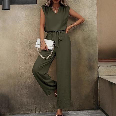 Solid Sleeveless V-Neck Loose Top and Tie-Waist Wide-Leg Pants Casual Set