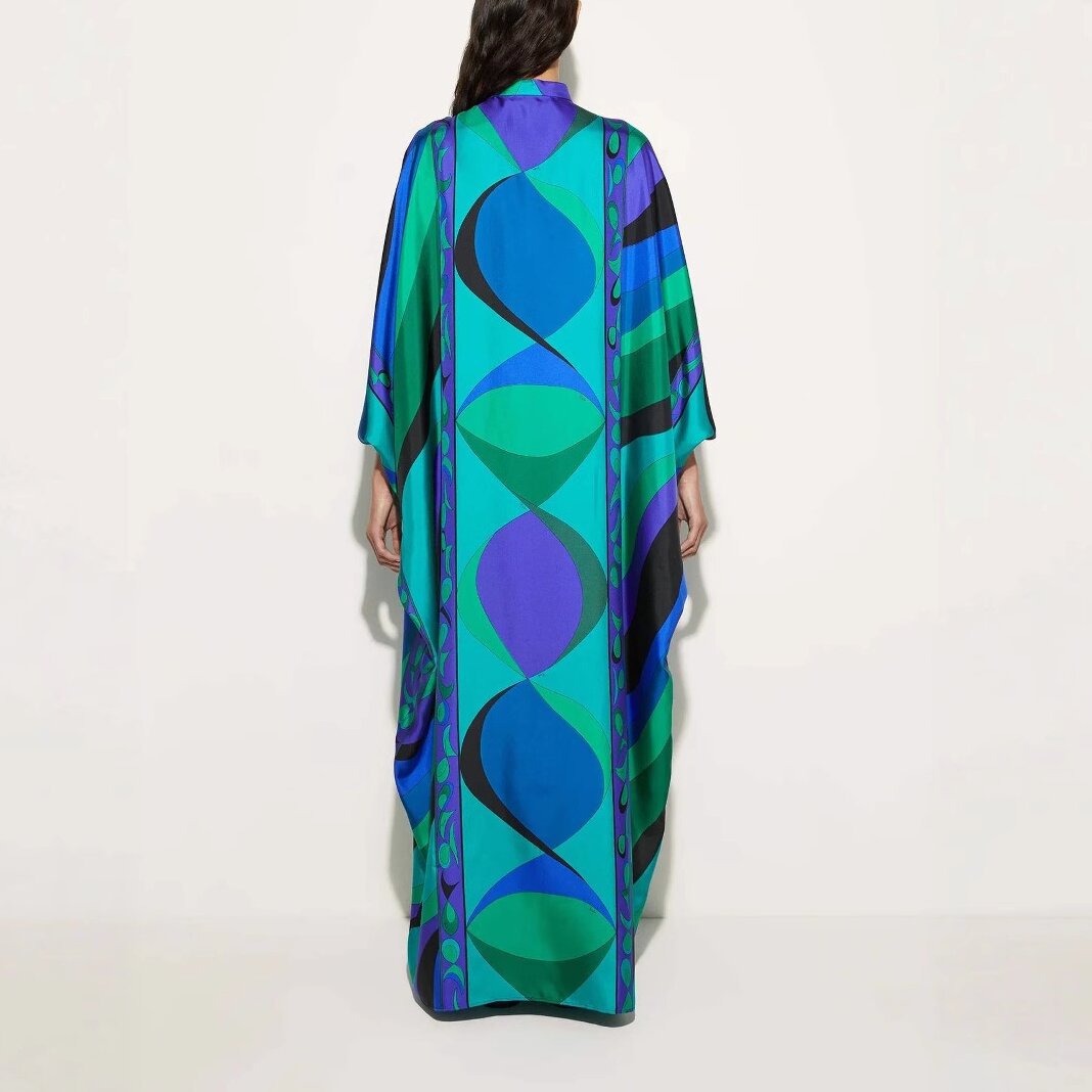 Women's Round Neck Tie-Front Printed A-Line Midi Dress