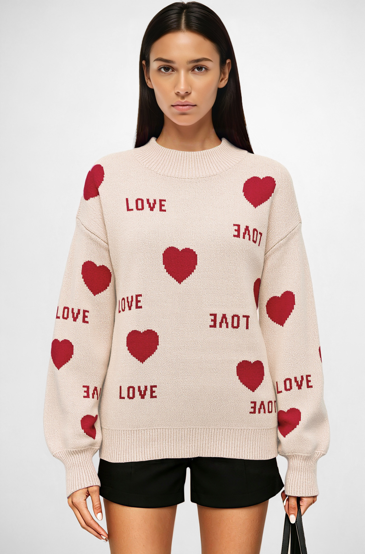 Heart Crewneck Knit Sweater Colorblock Pullover