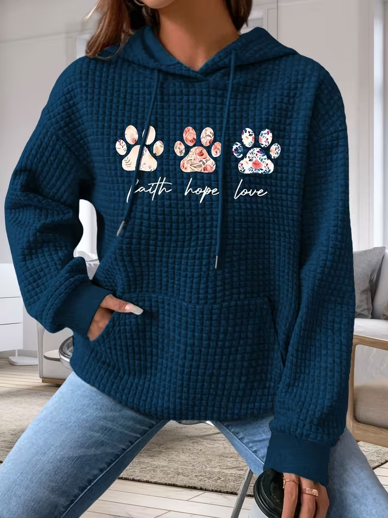 Women's Animal Paw Print Waffle Knit Hoodie Casual Pullover