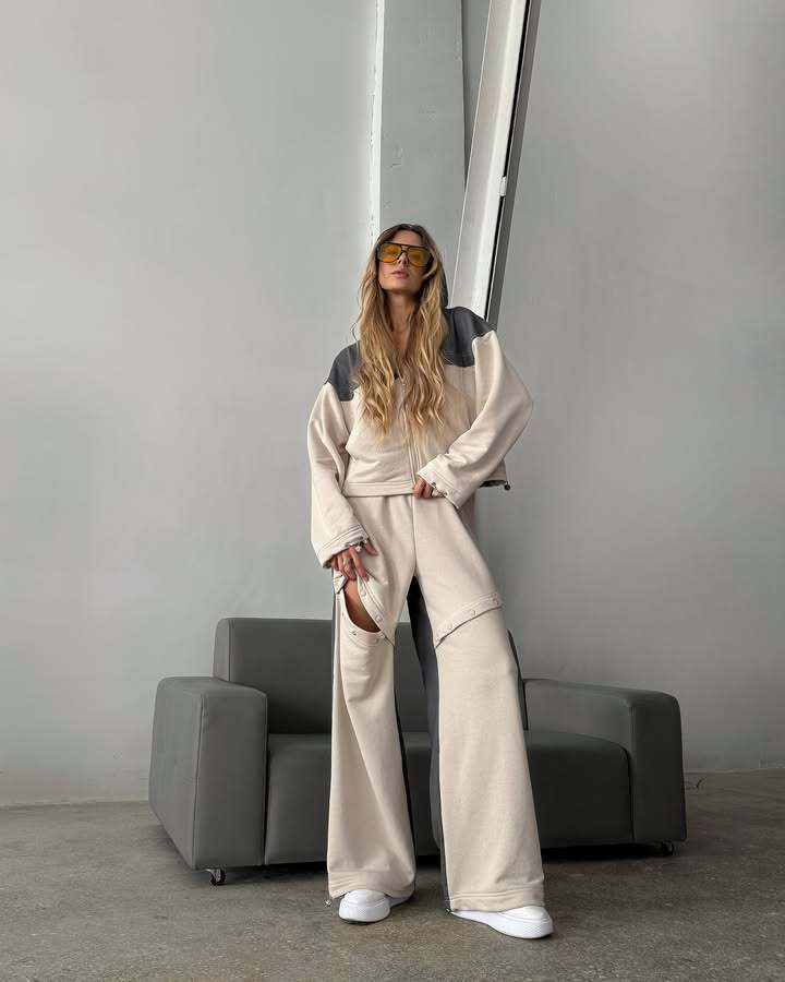 High Street Colorblock Hooded Cardigan & Distressed Button Pants Two-Piece Set
