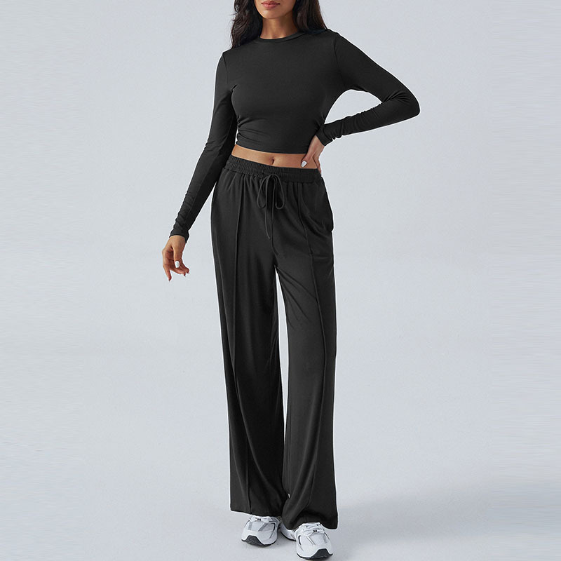 Y2K Long-Sleeve Wide-Leg Pant Set Casual Two-Piece Outfit