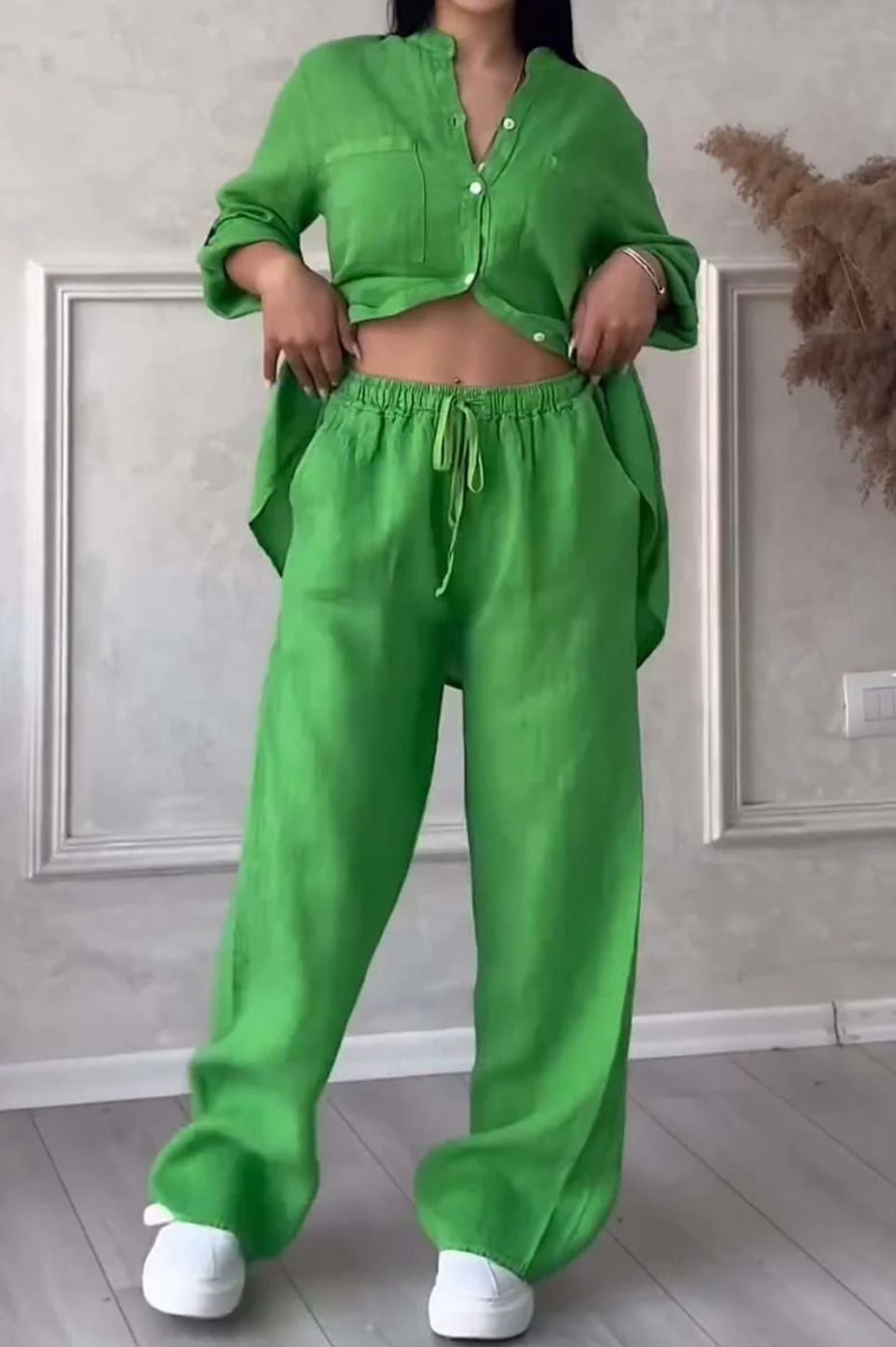 Women's Solid Color Single-Breasted Long-Sleeve Shirt and Wide-Leg Tie Pants Two-Piece Set