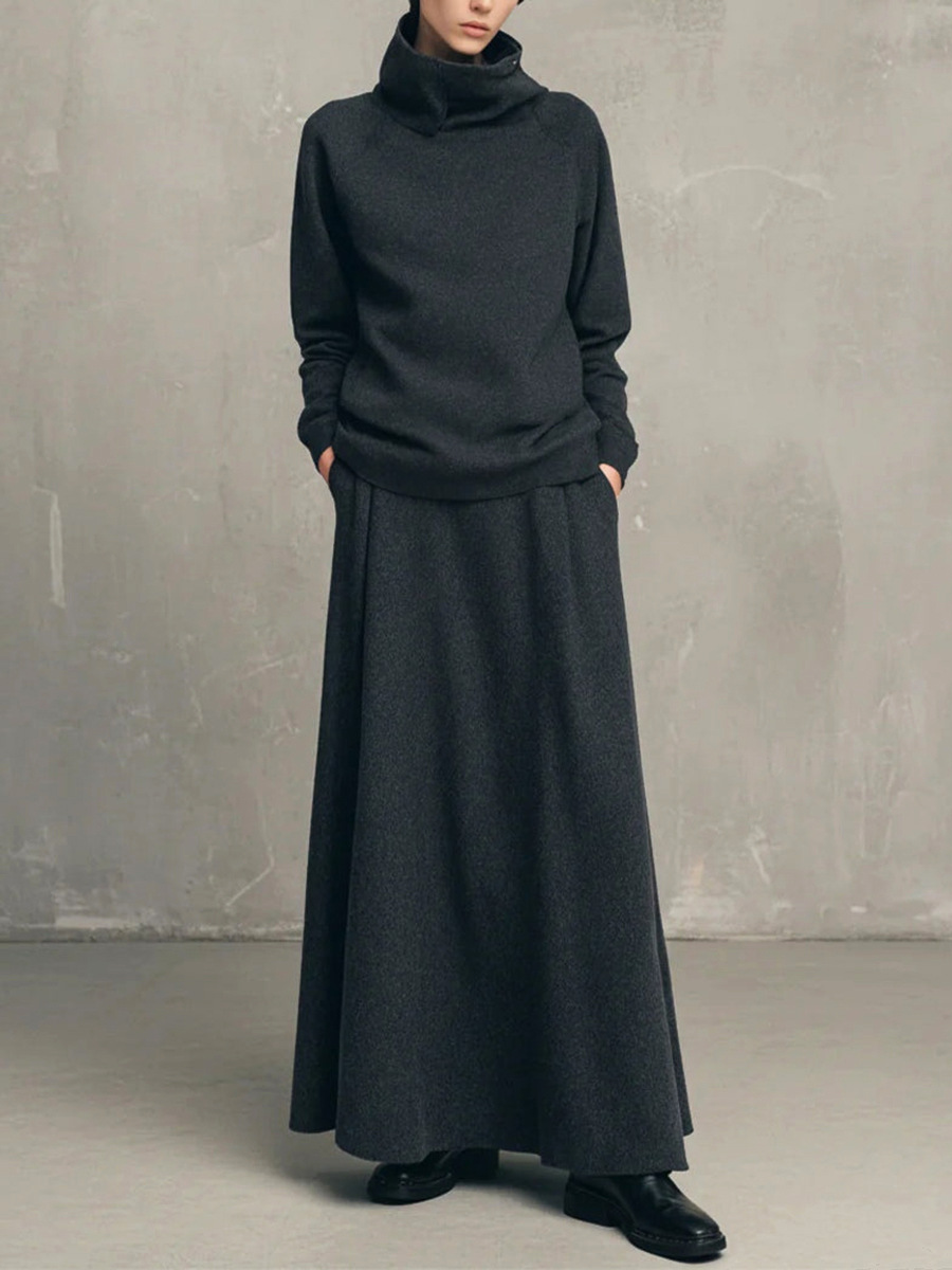 Women's Two-Piece Fleece-Lined Turtleneck Sweatshirt and Midi Skirt Set
