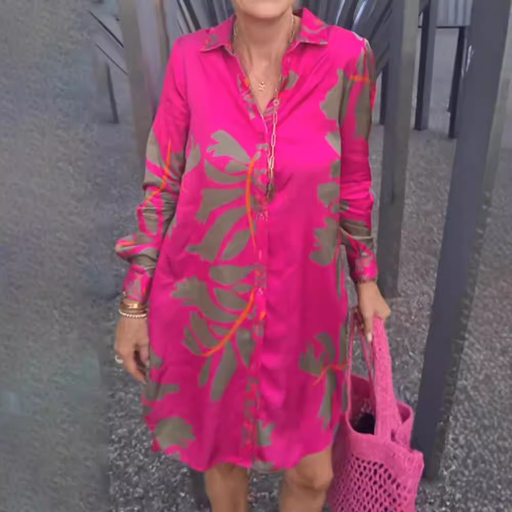 Printed V-Neck Long Sleeve Dress