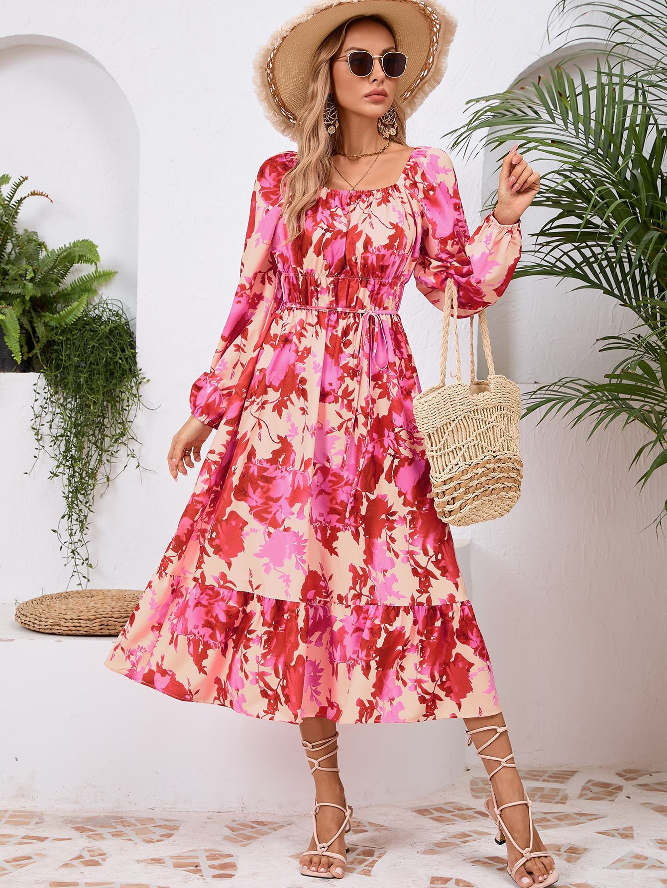 V-Neck Lantern Sleeve Floral Print Midi Dress