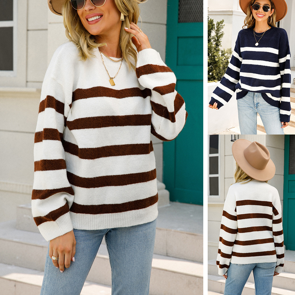 Slim Fit Crewneck Striped Pullover Knit Sweater