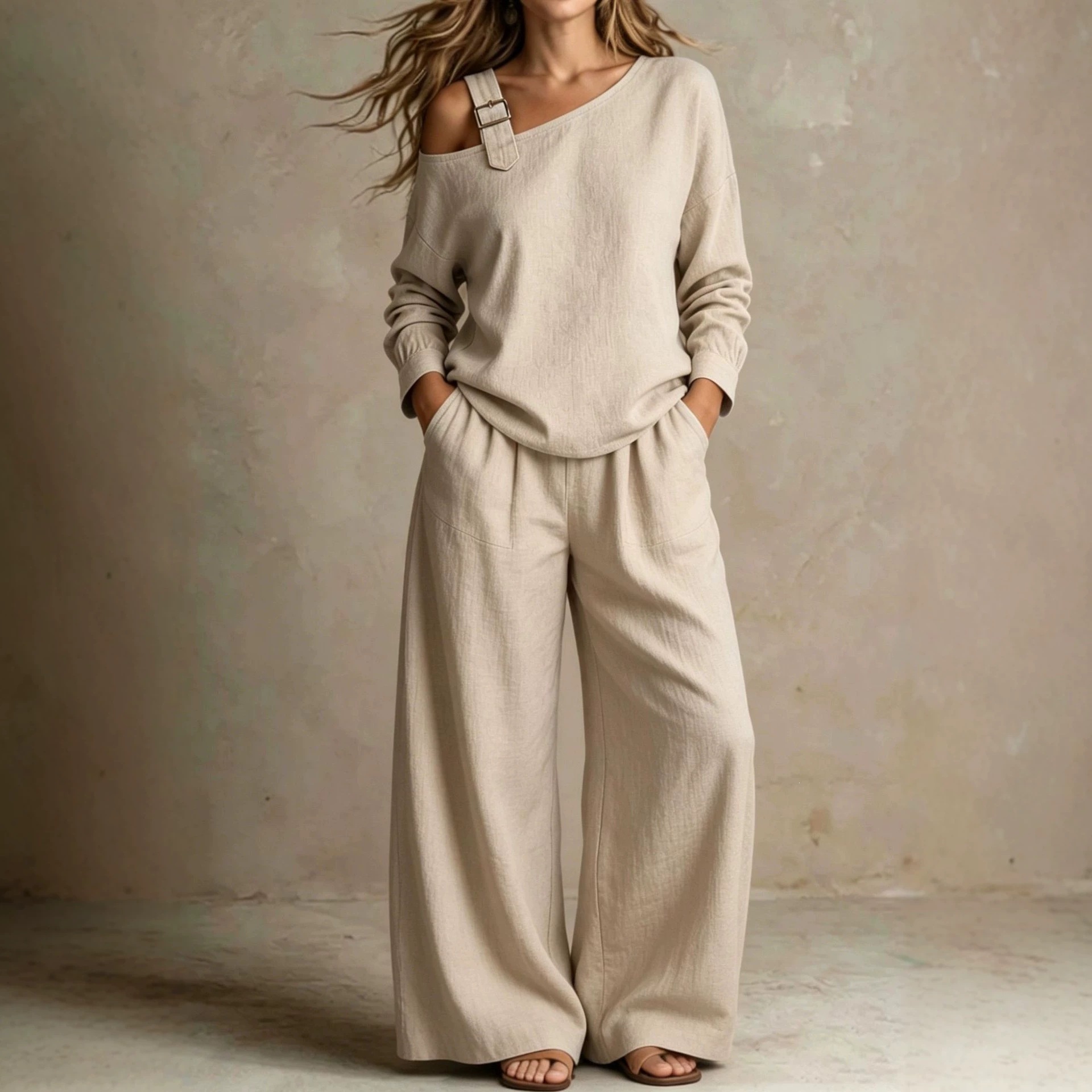 Women's Linen-Blend One-Shoulder Two-Piece Set