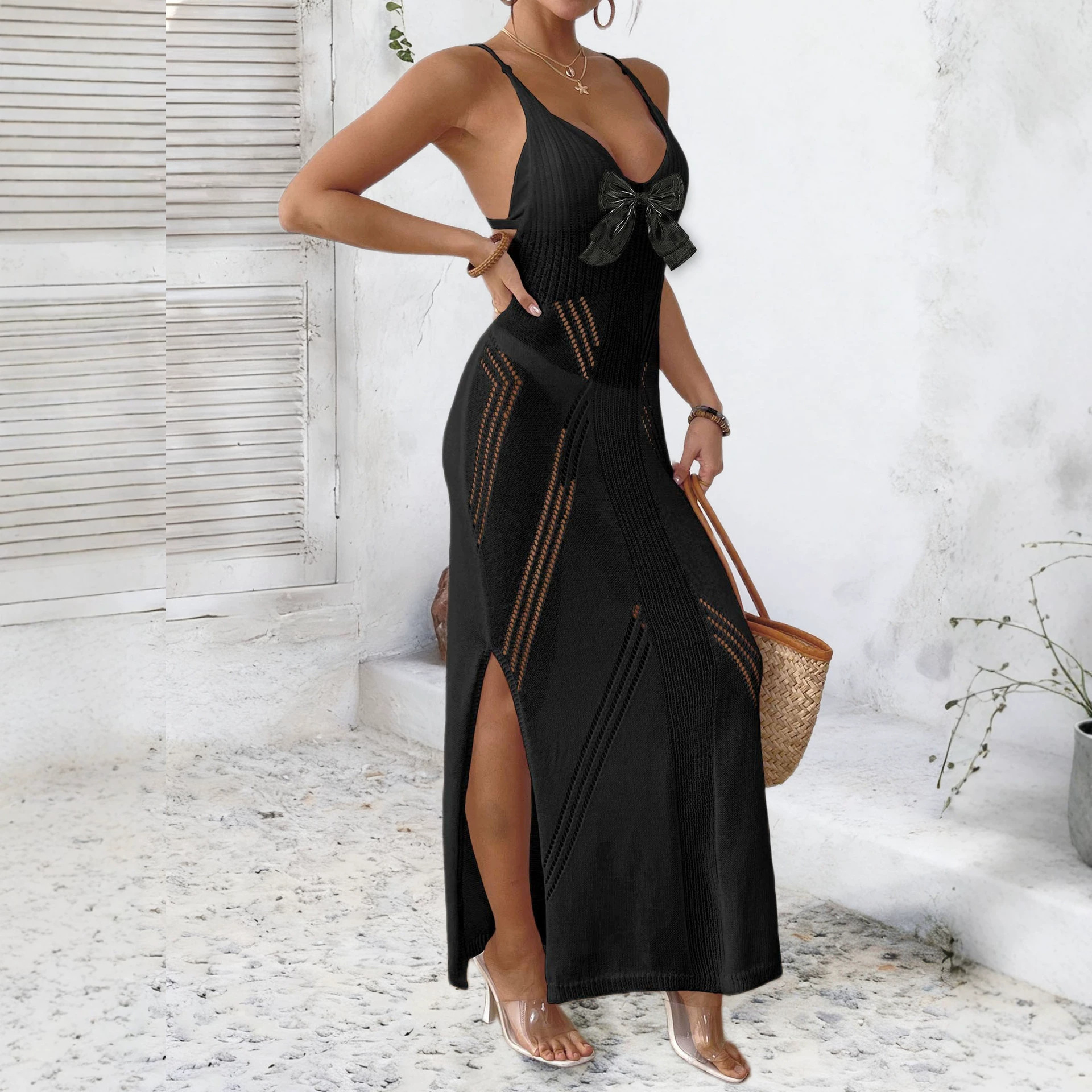 Women's Lace Cami Maxi Dress with Tie and Slit