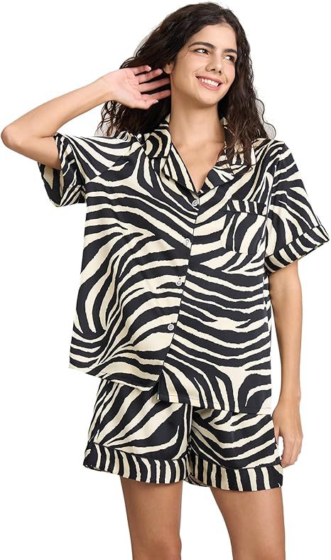 Women's Cuban Collar Satin Striped Print Short Sleeve Shirt Set