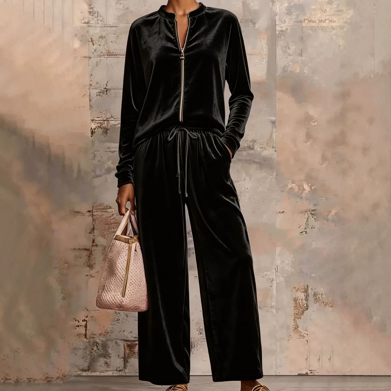 Women's Velvet Hoodie & Wide-Leg Pants Set High Waist Drapey