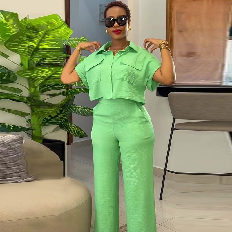 Women's Casual Short Sleeve Button-Front Shirt and Wide-Leg Pants Set