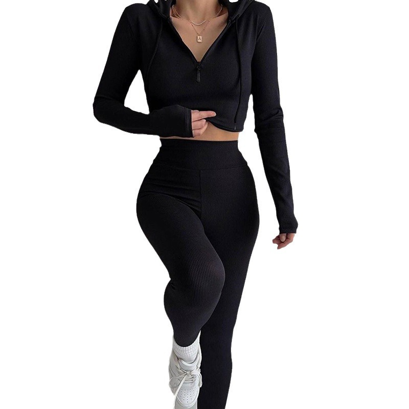 Women's Knit Hooded Two-Piece Set Slim Fit High Waist Long Sleeve Top and Pants