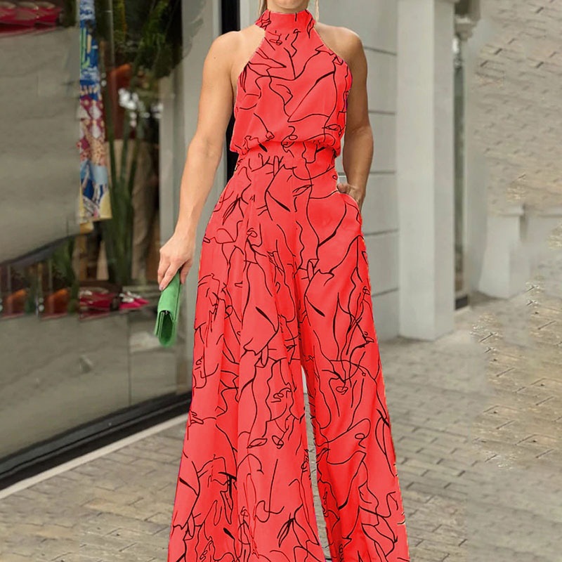 Women's Printed Sleeveless Wide-Leg Jumpsuit Slim Fit
