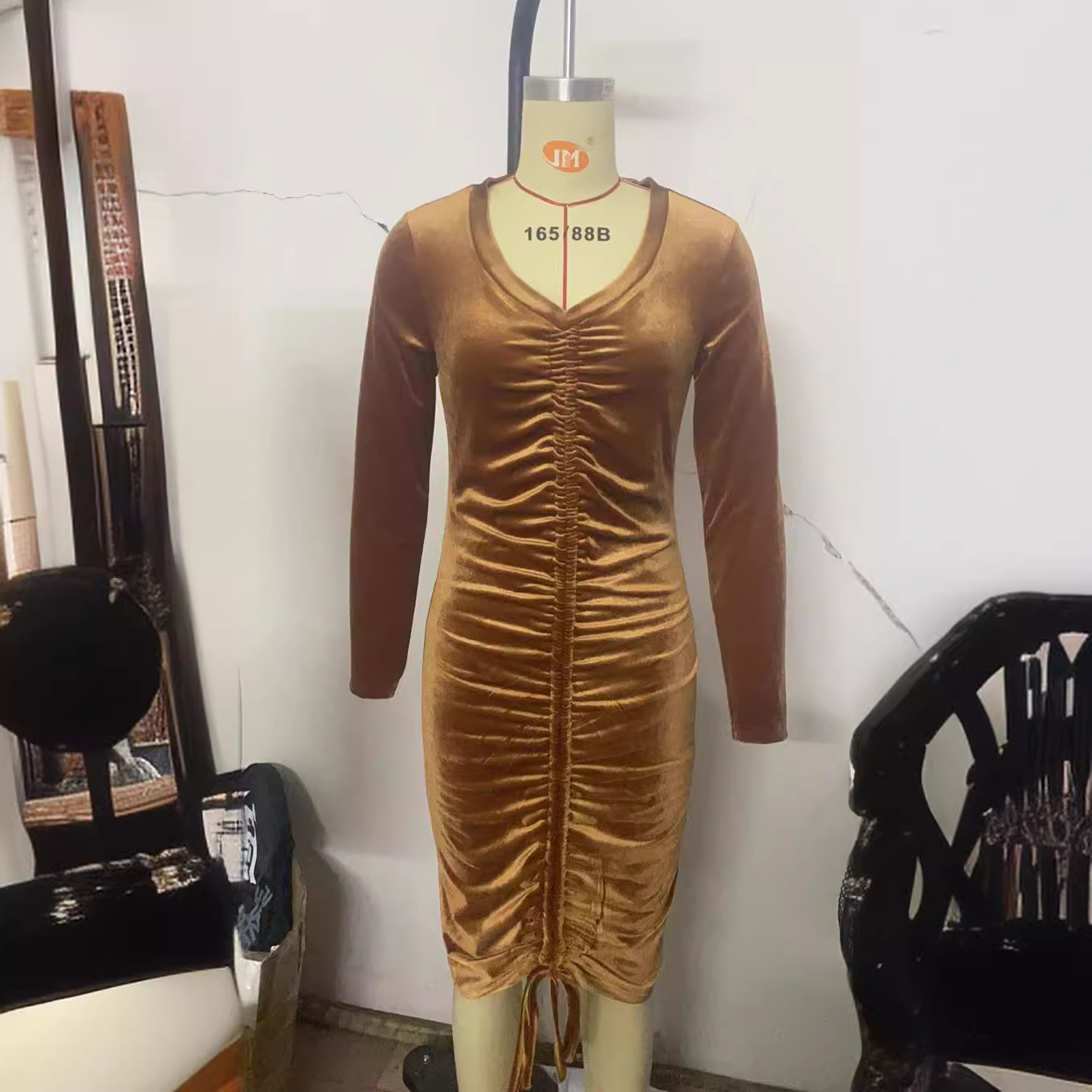 Women's Velvet Long Sleeve Ruched Bodycon Dress with Drawstring Round Neck